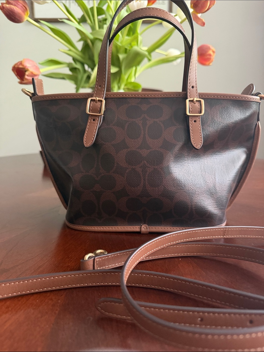 Coach Taxi Tote 21 Signature Canvas Satchel with Tan Leather Trim - Picture 2 of 5